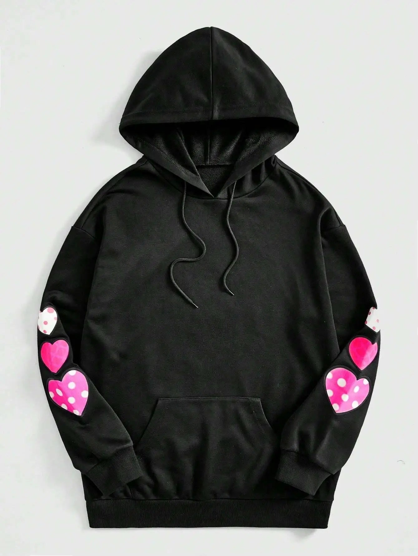 Streetwear Hoodie - Black Unisex Hoodie with Pink Cartoon Print and Hearts
